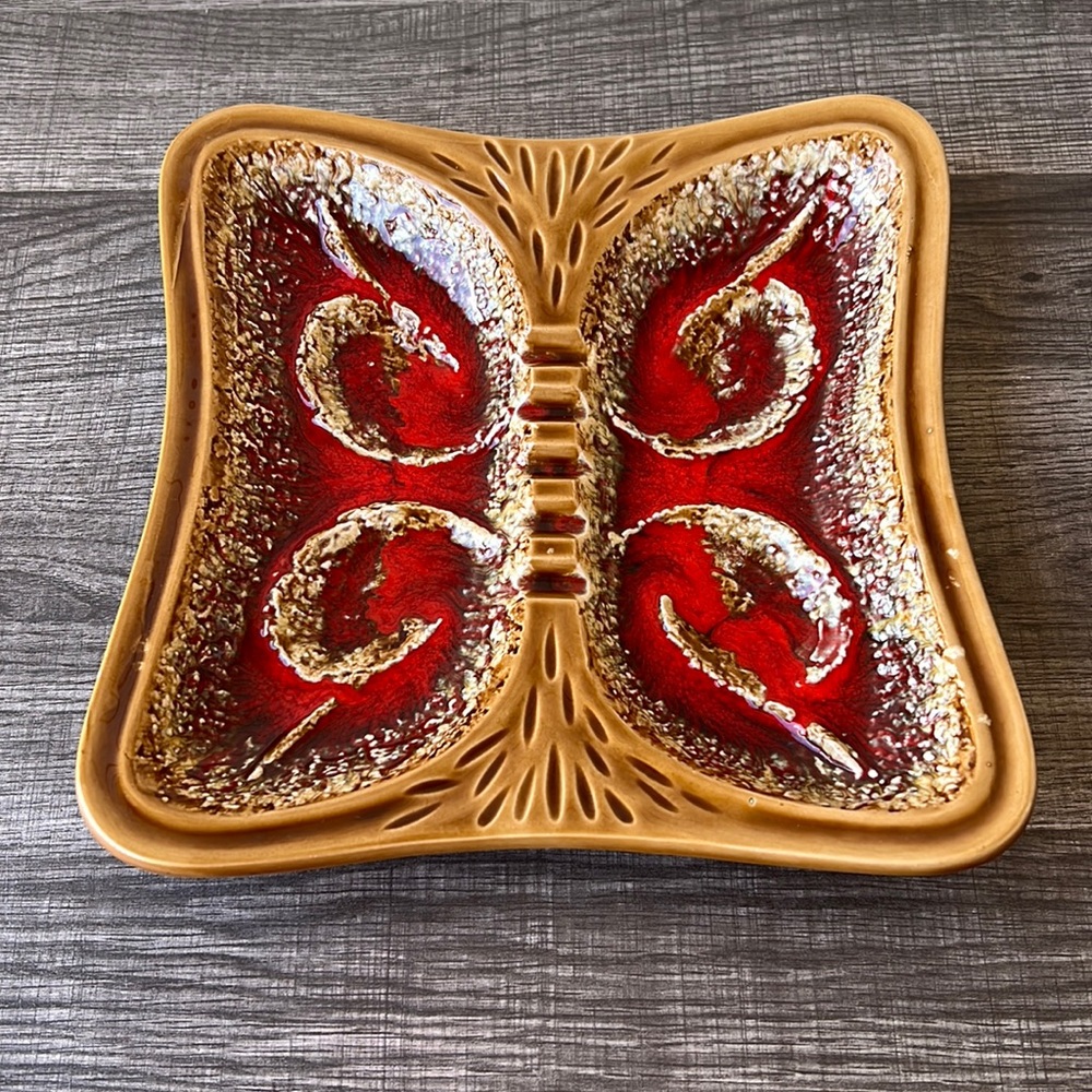 Vintage Mid Century 70’s Ashtray Browns & Red Drip Glasé